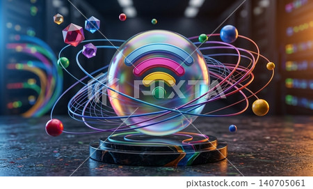 Futuristic wi fi symbol floating in a glass sphere surrounded by orbiting geometric shapes and data lines in a high tech server room network environment Futuristic wi fi symbol floating in a glass sphere surrounded by orbiting geometric shapes and data lines in a high tech server room network environment 140705061