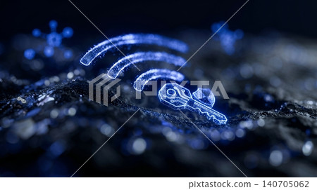 Digital security concept featuring glowing wifi symbol and cyber key icon floating over dark textured surface representing secure wireless network protection Digital security concept featuring glowing wifi symbol and cyber key icon floating over dark textured surface representing secure wireless network protection 140705062