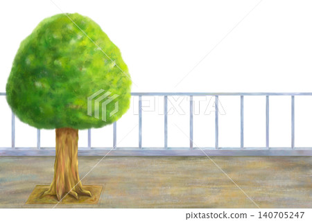 Landscape material of a road with a fence and street trees. Landscape material of a road with a fence and street trees. 140705247