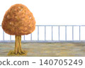 A landscape image featuring a road with a fence and trees with autumn foliage. 140705249