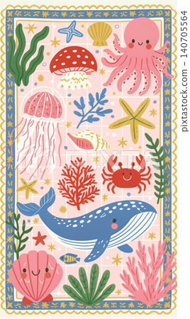 A whimsical illustration of an underwater scene filled with friendly sea creatures. A whimsical illustration of an underwater scene filled with friendly sea creatures. 140705564