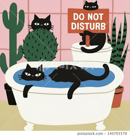 A whimsical illustration of a black cat luxuriating in a bathtub filled with water, surrounded by cacti and a 'Do Not Disturb' sign. A whimsical illustration of a black cat luxuriating in a bathtub filled with water, surrounded by cacti and a 'Do Not Disturb' sign. 140705579