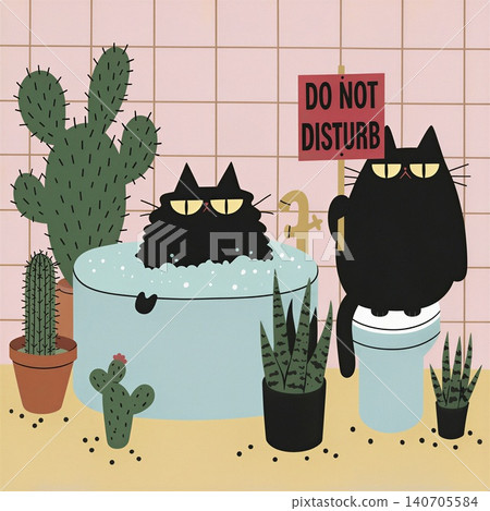 A whimsical illustration of two black cats lounging atop potted cacti and plants, with a playful 'Do Not Disturb' sign. A whimsical illustration of two black cats lounging atop potted cacti and plants, with a playful 'Do Not Disturb' sign. 140705584