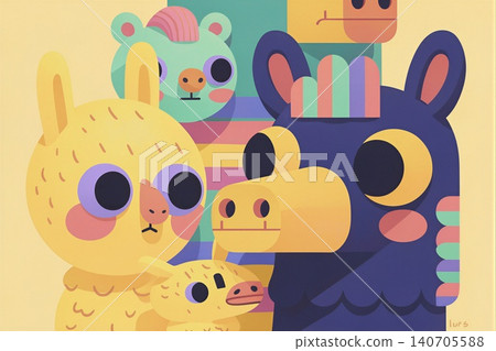 A vibrant illustration featuring a group of stylized animals in a playful, layered composition. A vibrant illustration featuring a group of stylized animals in a playful, layered composition. 140705588