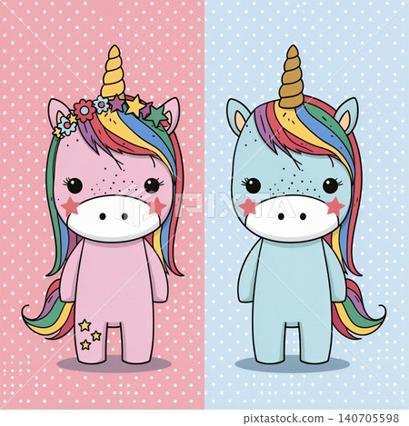 Two adorable unicorns, one in pink and one in blue, stand against contrasting backgrounds, radiating charm and whimsy. 140705598