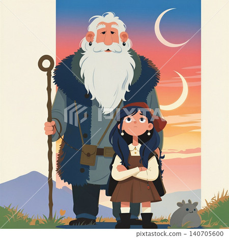 A whimsical illustration of a bearded man and a young girl standing in a grassy field under a crescent moon, with a rabbit nearby. A whimsical illustration of a bearded man and a young girl standing in a grassy field under a crescent moon, with a rabbit nearby. 140705600
