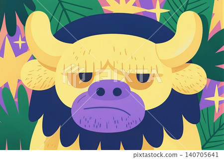 A stylized illustration of a golden gorilla with a purple face, set against a vibrant tropical background. A stylized illustration of a golden gorilla with a purple face, set against a vibrant tropical background. 140705641