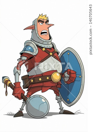 A full-body illustration of a cartoon knight in shining armor, wielding a hammer and shield. A full-body illustration of a cartoon knight in shining armor, wielding a hammer and shield. 140705643