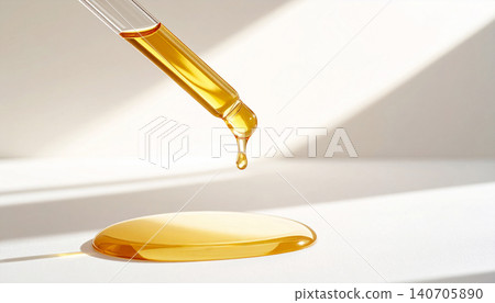 一張高端護膚品的特寫照片,照片中金色的精華液從滴管中滴落,讓人聯想到維生素 C 和視黃醇。 一張高端護膚品的特寫照片,照片中金色的精華液從滴管中滴落,讓人聯想到維生素 C 和視黃醇。 140705890