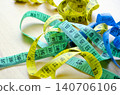Colorful measuring tapes intertwined on a light background illustrating weight loss planning 140706106