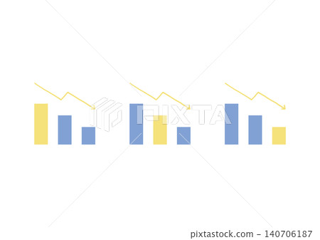 A set of illustrations (yellow and blue) of a downward-sloping bar graph with one bar of a different color and a hand-drawn, bent arrow. A set of illustrations (yellow and blue) of a downward-sloping bar graph with one bar of a different color and a hand-drawn, bent arrow. 140706187
