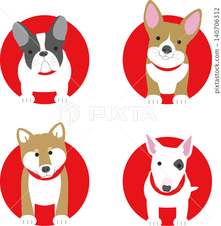 法國鬥牛犬、柯基犬、柴犬和牛頭梗的插圖。 法國鬥牛犬、柯基犬、柴犬和牛頭梗的插圖。 140706312