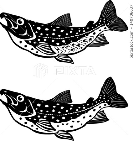 Fish illustration: Char (Iwana), black and white, suitable for cutting, vector format, white background (vector and PNG versions have transparent backgrounds), single illustration. Fish illustration: Char (Iwana), black and white, suitable for cutting, vector format, white background (vector and PNG versions have transparent backgrounds), single illustration. 140706637