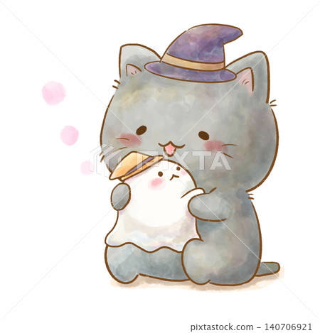 水彩風格的萬聖節插畫：一隻貓和一個幽靈擁抱在一起。象徵著治癒和聯結。 140706921