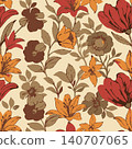 Elegant seamless botanical pattern featuring retro flowers and foliage in warm autumn tones. Perfect for vintage-themed fabrics, wallpapers, or prints 140707065