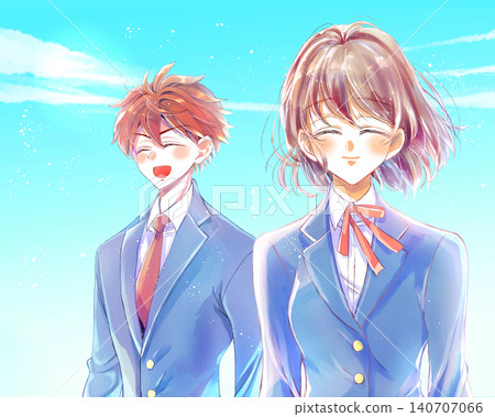 兩名面帶微笑的學生，一男一女，面向不同的方向，在藍天下。 140707066