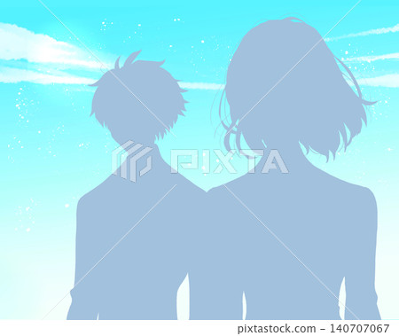Male and female students, upper body, standing silhouette, blue sky Male and female students, upper body, standing silhouette, blue sky 140707067