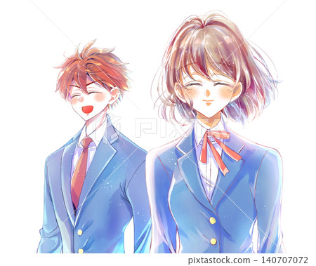 一名男學生和一名女學生,都面帶微笑,但面向不同的方向。 一名男學生和一名女學生,都面帶微笑,但面向不同的方向。 140707072