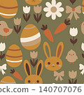 Adorable seamless Easter pattern in warm earthy tones. Featuring cute bunny faces, eggs, little chicks, and spring flowers for festive designs. 140707076