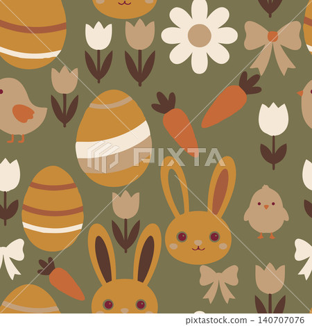 Adorable seamless Easter pattern in warm earthy tones. Featuring cute bunny faces, eggs, little chicks, and spring flowers for festive designs. Adorable seamless Easter pattern in warm earthy tones. Featuring cute bunny faces, eggs, little chicks, and spring flowers for festive designs. 140707076