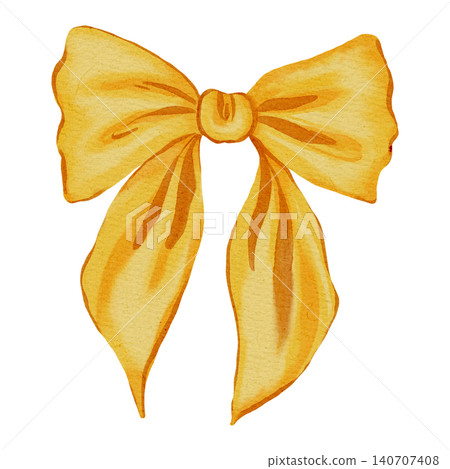 Watercolor illustration of an elegant yellow ribbon bow. This soft, hand-drawn satin or grosgrain bow is perfect for birthdays, anniversaries, party invitations, children's design, and cardmaking. 140707408