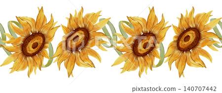 Watercolor seamless border with bright yellow sunflowers and green leaves. Perfect for invitations, packaging, or decorative design. Watercolor seamless border with bright yellow sunflowers and green leaves. Perfect for invitations, packaging, or decorative design. 140707442