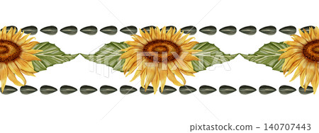 Watercolor seamless border with bright yellow sunflowers and green leaves. Perfect for invitations, packaging, or decorative design. Watercolor seamless border with bright yellow sunflowers and green leaves. Perfect for invitations, packaging, or decorative design. 140707443