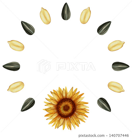 Hand painted watercolor sunflower seed wreath. Seeds. Perfect for invitations, seasonal cards, wedding decorations and rustic decor. 140707446