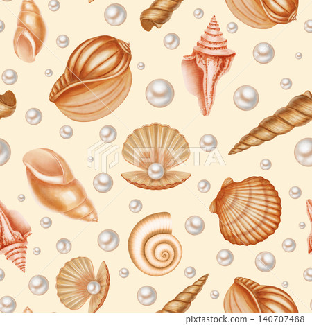 Seamless watercolor pattern featuring various sea shells, spiraled conchs, and elegant white pearls. Children's, nautical, travel themes. Suitable for design, prints, postcards, sea travel Seamless watercolor pattern featuring various sea shells, spiraled conchs, and elegant white pearls. Children's, nautical, travel themes. Suitable for design, prints, postcards, sea travel 140707488