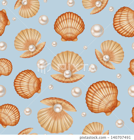 Watercolor seamless pattern of open and closed scallop shells with precious white pearls inside. Children's, nautical, travel themes. Suitable for design, prints, postcards, sea travel Watercolor seamless pattern of open and closed scallop shells with precious white pearls inside. Children's, nautical, travel themes. Suitable for design, prints, postcards, sea travel 140707491