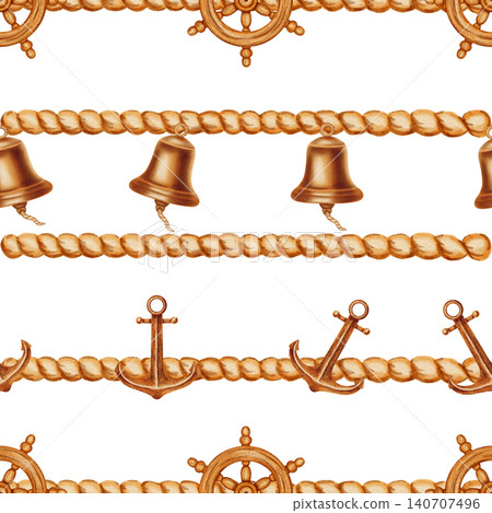 Nautical seamless pattern featuring watercolor ship bells, anchors, and wooden steering wheels connected by thick marine ropes. Children's, nautical, travel themes. Suitable for postcards, sea travel Nautical seamless pattern featuring watercolor ship bells, anchors, and wooden steering wheels connected by thick marine ropes. Children's, nautical, travel themes. Suitable for postcards, sea travel 140707496