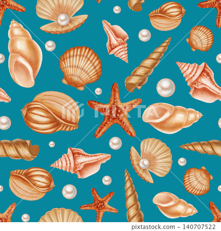 Seamless watercolor pattern featuring various sea shells, spiraled conchs, and elegant white pearls. Children's, nautical, travel themes. Suitable for design, prints, postcards, sea travel  140707522