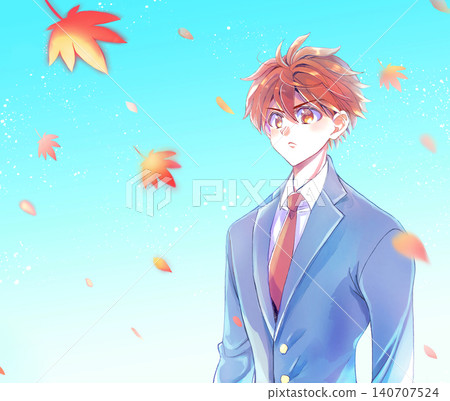 Male student, blazer, upper body, confident, autumn leaves, blue sky 140707524