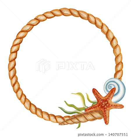 Nautical watercolor rope frame decorated with starfish, seashells and seaweed. Children's, nautical, travel themes. Suitable for design, prints, postcards, sea travel Nautical watercolor rope frame decorated with starfish, seashells and seaweed. Children's, nautical, travel themes. Suitable for design, prints, postcards, sea travel 140707551