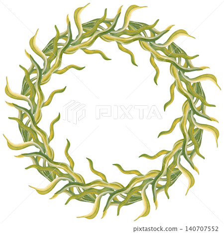 Watercolor underwater wreath with colorful corals, seaweed, sea sponges and bubbles. Children's, nautical, travel themes. Suitable for design, prints, postcards, sea travel  140707552