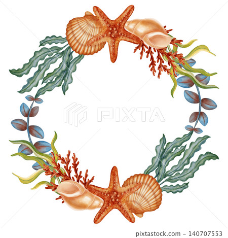 Watercolor marine wreath with red corals, seashells, starfish and pearls. Children's, nautical, travel themes. Suitable for design, prints, postcards, sea travel Watercolor marine wreath with red corals, seashells, starfish and pearls. Children's, nautical, travel themes. Suitable for design, prints, postcards, sea travel 140707553
