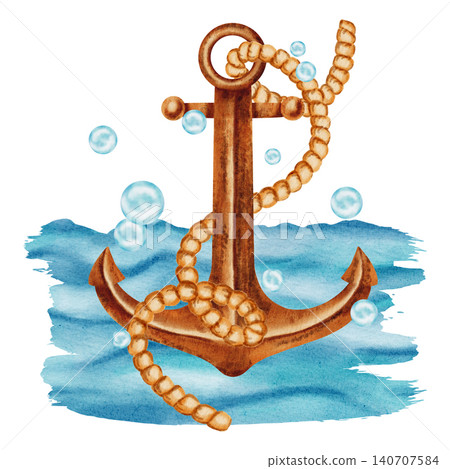 Watercolor illustration of an old rusty ship's anchor with a thick nautical rope on the surface of the sea. Children's, nautical, and travel themes. Suitable for design, prints, postcards, sea travel Watercolor illustration of an old rusty ship's anchor with a thick nautical rope on the surface of the sea. Children's, nautical, and travel themes. Suitable for design, prints, postcards, sea travel 140707584