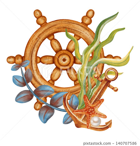 Watercolor illustration of ship steering wheel, rusty anchor, sea star, seaweed. Bright illustrations, suitable for cheerful summer designs, textiles, summer children's clothing. Print for children's 140707586