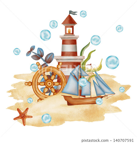 Watercolor illustration of a lighthouse, sailboat, anchor, compass, ship's wheel on a sandy background. Suitable for children, marine, and travel. Suitable for design, prints, postcards, sea travel Watercolor illustration of a lighthouse, sailboat, anchor, compass, ship's wheel on a sandy background. Suitable for children, marine, and travel. Suitable for design, prints, postcards, sea travel 140707591
