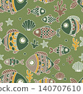 Vector seamless pattern featuring adorable hand-drawn fishes, starfish, corals, and shells in earthy tones over a muted green background. 140707610
