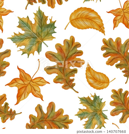 Watercolor seamless pattern of autumn leaves. Hand drawn background with colorful maple and oak foliage. Warm fall texture perfect for school decoration, thanksgiving, seasonal design. Watercolor seamless pattern of autumn leaves. Hand drawn background with colorful maple and oak foliage. Warm fall texture perfect for school decoration, thanksgiving, seasonal design. 140707668