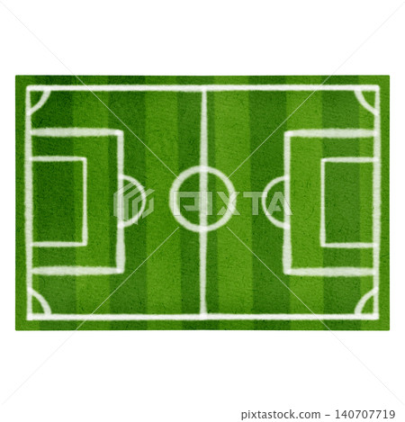 Watercolor illustration of a green football field from top view. Hand-painted soccer pitch with white markings for game strategy, tactics, and sports championship background. 140707719