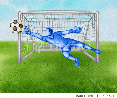 Watercolor illustration of a goalkeeper in uniform diving to catch a soccer ball at the gates on a green pitch under a blue sky background. Watercolor illustration of a goalkeeper in uniform diving to catch a soccer ball at the gates on a green pitch under a blue sky background. 140707723