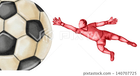 Watercolor illustration of a goalkeeper in a uniform diving to catch a soccer ball at the gates on a green pitch under a blue sky background. Watercolor illustration of a goalkeeper in a uniform diving to catch a soccer ball at the gates on a green pitch under a blue sky background. 140707725