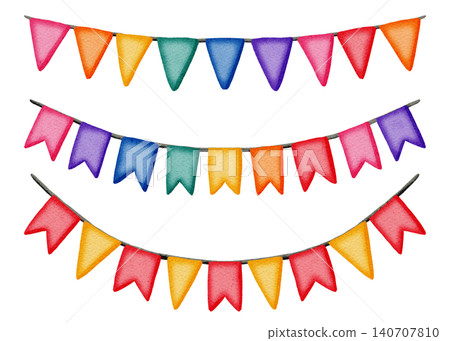 Watercolor birthday party garland flags set isolated on white background. Colorful hanging bunting banners for birthdays, anniversaries, party invitations, children's design, and cardmaking. Watercolor birthday party garland flags set isolated on white background. Colorful hanging bunting banners for birthdays, anniversaries, party invitations, children's design, and cardmaking. 140707810