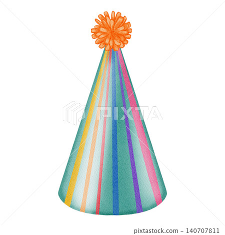 Hand drawn watercolor party hat with pompom isolated on white background. Festive birthday cone cap for children holiday celebration, birthdays, anniversaries, party invitations, cardmaking Hand drawn watercolor party hat with pompom isolated on white background. Festive birthday cone cap for children holiday celebration, birthdays, anniversaries, party invitations, cardmaking 140707811