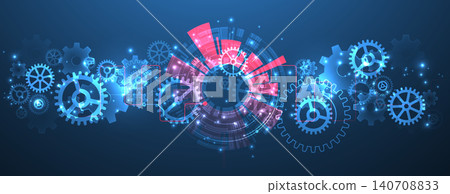Abstract scientific background with mechanical gears cogs and glowing geometric circles Abstract scientific background with mechanical gears cogs and glowing geometric circles 140708833