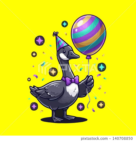 Cute cartoon goose wearing a party hat and bowtie holding a colorful balloon on a yellow background. Cute cartoon goose wearing a party hat and bowtie holding a colorful balloon on a yellow background. 140708850