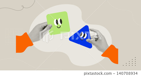 Trendy Halftone Collage of two hands exchanging cute green square and blue triangle characters, representing digital asset exchange and trading. Perfect for fintech, NFT, crypto, and tech content. 140708934