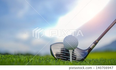 Golf clubs and balls on a green lawn in a beautiful golf course with morning sunshine. 140708947